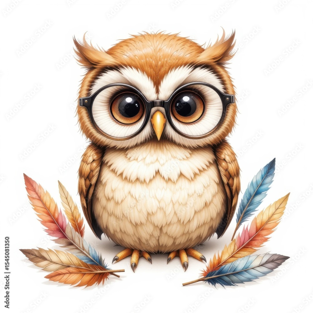 Fototapeta premium Cute Owl with Glasses and Colorful Feathers on White Background