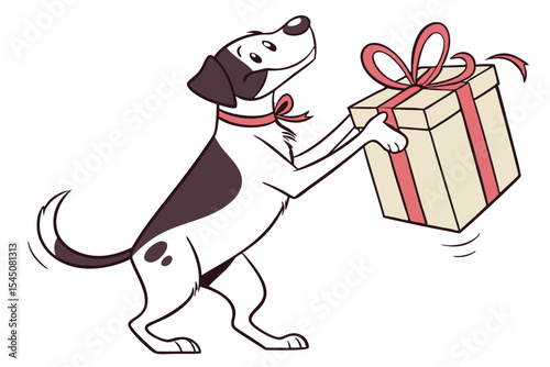 Animated cartoon dog joyfully balances a present with a pink ribbon, looking upward expectantly