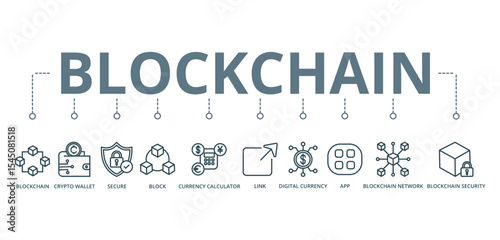 Blockchain concept banner with icon of blockchain, crypto wallet, secure, block, currency calculator, link, digital currency, app, blockchain network, and blockchain security









