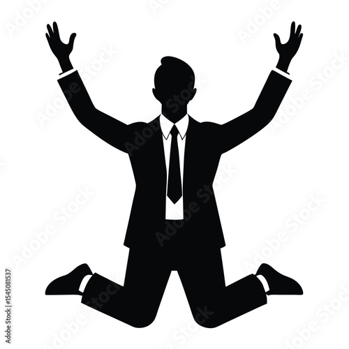 Silhouette of a businessman in a suit on his knees and begging with raised arms on white background