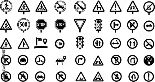 Traffic and safety icon collection, road sign symbols for navigation and direction use
