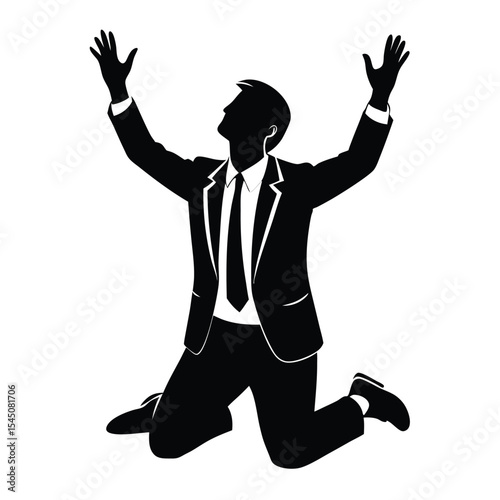 Silhouette of a businessman in a suit on his knees and begging with raised arms on white background