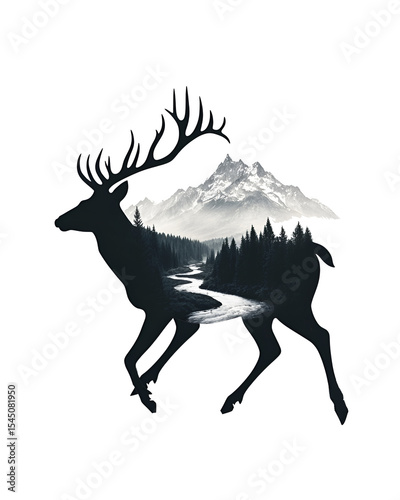 View of a deer with horns through, with the Black Forest and a winding river on its body