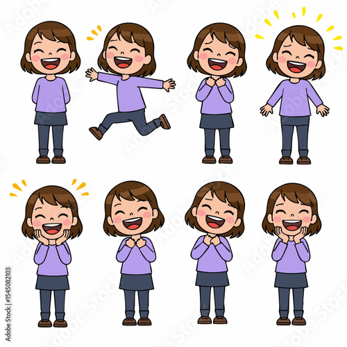Joyful Girl's Expressive Delight: An array of charming illustrations captures the authentic emotions of a young girl as she joyfully laughs, with radiant joy and uninhibited expression.