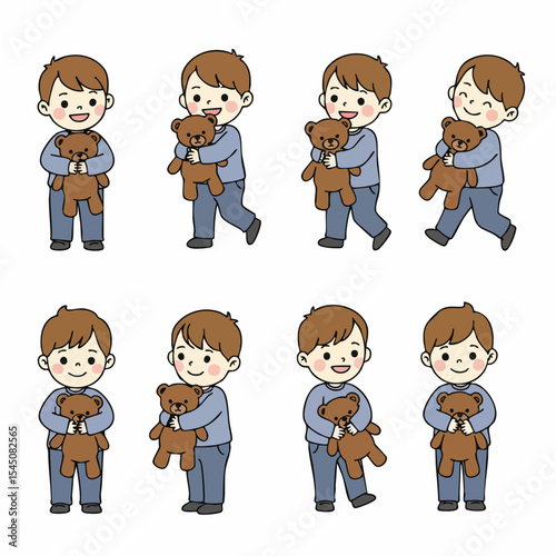 Child's Warm Embrace: A heartwarming illustration showcasing a little boy tenderly holding his cherished teddy bear, evoking feelings of comfort and innocence.