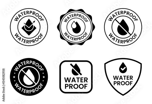 Waterproof icons set design, water resistant signs, liquid proof protection black on white background