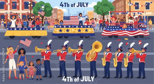 Set of vector illustrations of people attending a 4th of July parade with marching bands, flags, and festive floats