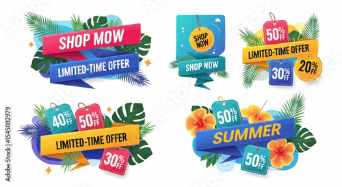 Set of vector illustrations of summer sales and promotions with discount tags, palm leaves, and bright banners