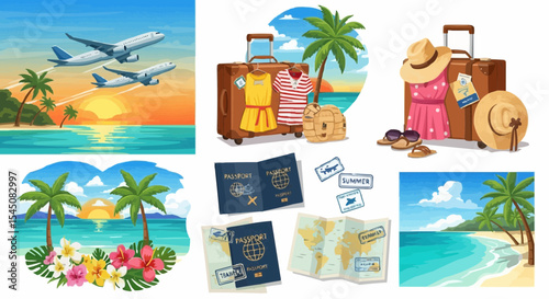 Set of vector illustrations of summer travel scenes with planes, suitcases, passports, and tropical destinations