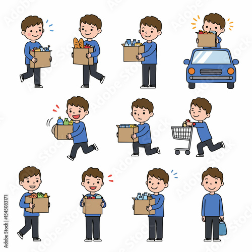 Daily Shopping Delights: A charming collection of illustrations, showcasing an individual handling groceries with ease in various scenarios. Each image tells a story of daily life.