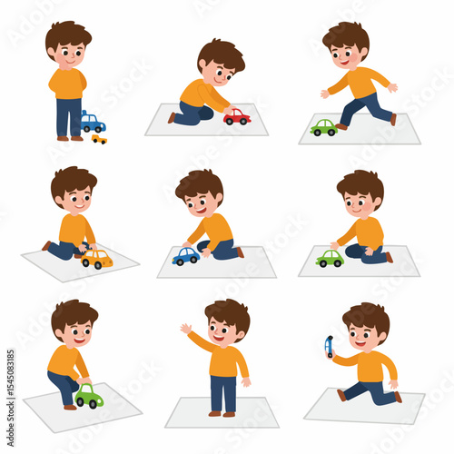 Child's Playtime: A joyful scene captures a young child immersed in playful activities with toy cars, expressing curiosity and exploration in a heartwarming illustration.