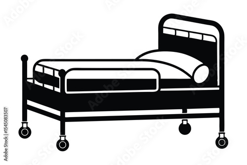 Black and White Line Art Illustration of a Medical Hospital Bed with Pillow