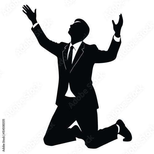 Silhouette of a businessman in a suit on his knees and begging with raised arms on white background