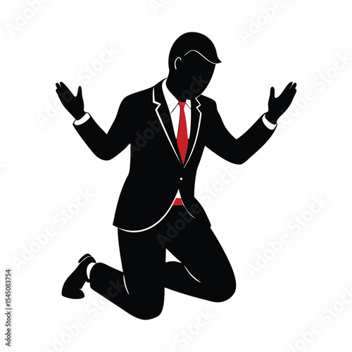 Silhouette of a businessman in a suit on his knees and begging with raised arms on white background