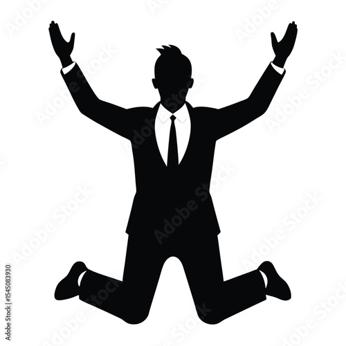 Silhouette of a businessman in a suit on his knees and begging with raised arms on white background