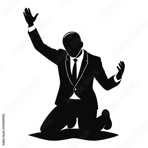 Silhouette of a businessman in a suit on his knees and begging with raised arms on white background
