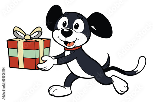 Animated cartoon dog excitedly carries a brightly wrapped holiday present in its outstretched paws