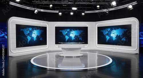 Virtual news studio background for tv broadcasting newsroom set design and news television studio setup