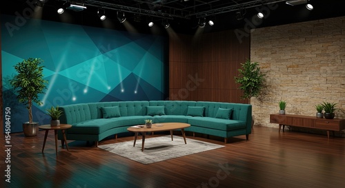 Modern studio set design with teal sofa and geometric backdrop for television and film production