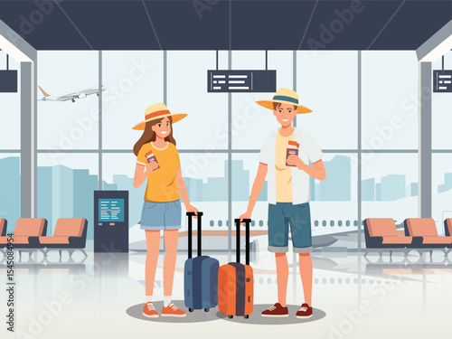 Happy tourist with Large travel bag luggage for travel and exploring the beach. The lovers holding map and passport, smiling. Summer vacation and tropical travel concept illustration.