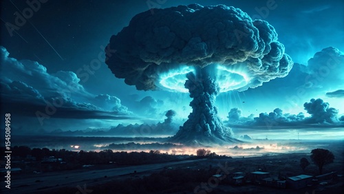 Nuclear Explosion Over City with Massive Fireball and Destruction