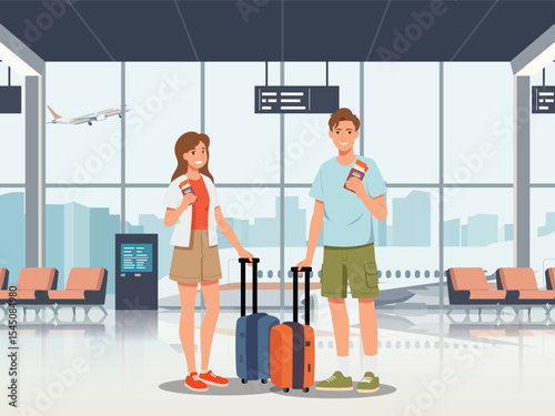 Happy tourist with Large travel bag luggage for travel and exploring the beach. The lovers holding map and passport, smiling. Summer vacation and tropical travel concept illustration.