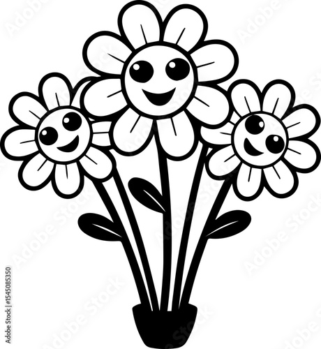 Decorative bouquet of flowers illustration, SVG with clean lines.Cheerful Flower Bouquet with Smiling Faces and Leaves