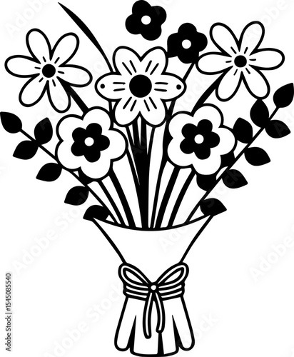 Decorative bouquet of flowers illustration, SVG with clean lines.Black and White Illustration of a Floral Bouquet