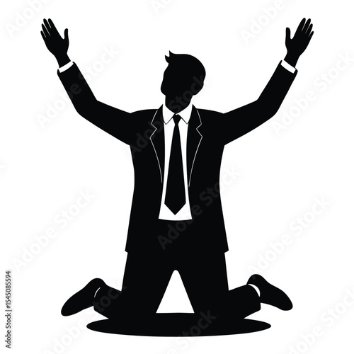 Silhouette of a businessman in a suit on his knees and begging with raised arms on white background