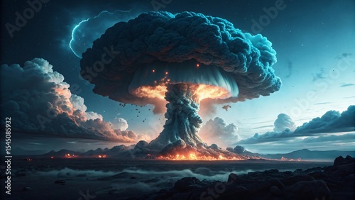 Nuclear Explosion Over City with Massive Fireball and Destruction