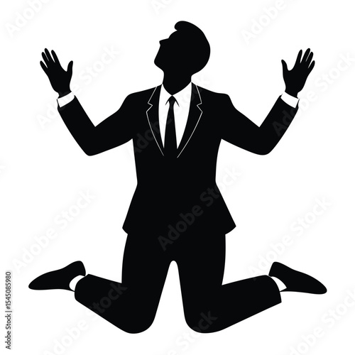 Silhouette of a businessman in a suit on his knees and begging with raised arms on white background