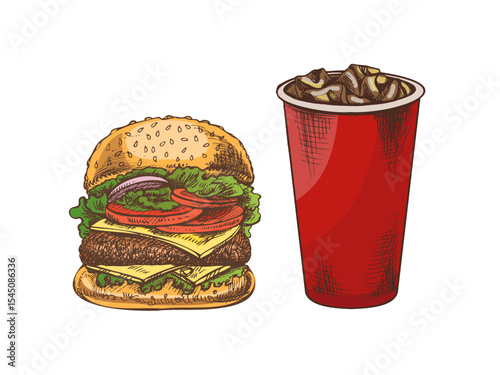 Hand drawn vintage sketch of cheeseburger and cold fizzy drink in red paper cup with ice, color illustration
