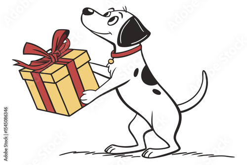 Cartoon puppy joyfully carries a gift, its red collar catching the light as it walks