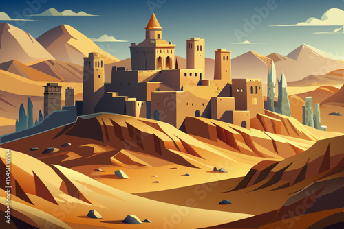 Desert city carved into cliff walls, blending ancient ruins and high-tech modules