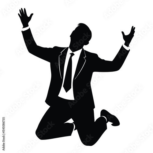 Silhouette of a businessman in a suit on his knees and begging with raised arms on white background