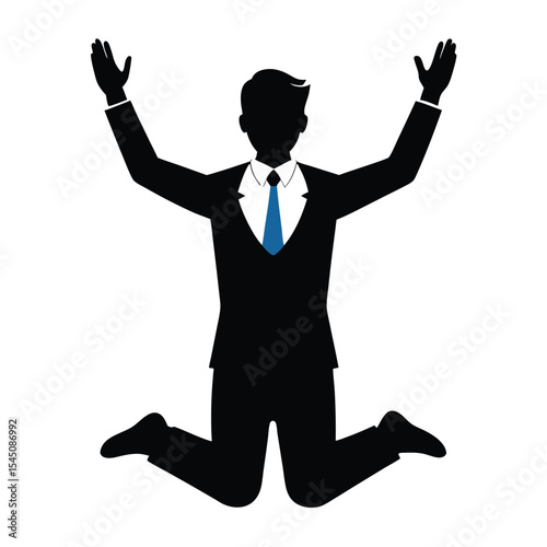 Silhouette of a businessman in a suit on his knees and begging with raised arms on white background