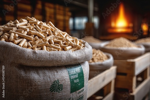 Wood pellets stored in large burlap sacks ready for use in industrial heating at a facility in autumn