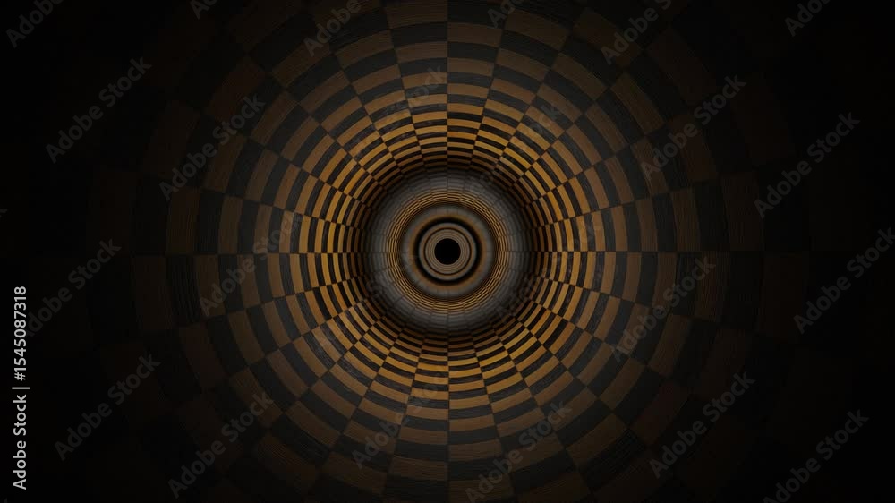 camera flyby in endless round tunnel with old chessboard texture. 3d render looped animation