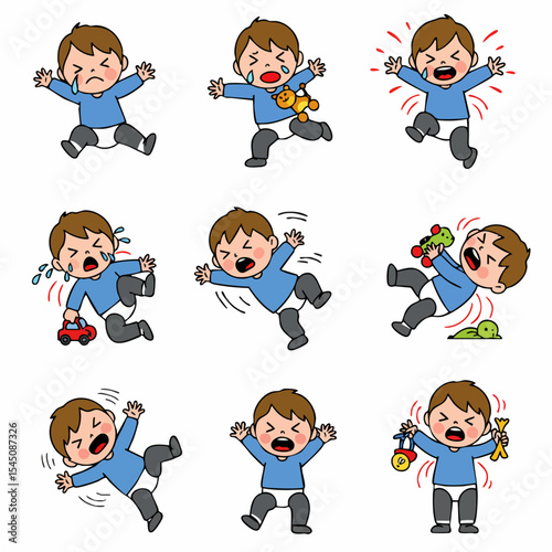 Crying Baby's Emotional Spectrum: A series of illustrations capturing the different expressions and gestures of a baby in distress, ranging from tears to tantrums.