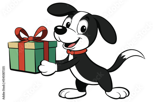 Cartoon dog happily presents a green and tan wrapped gift with a red bow