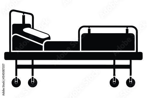 Black and White Silhouette Illustration of a Hospital Bed with Wheels and Headboard