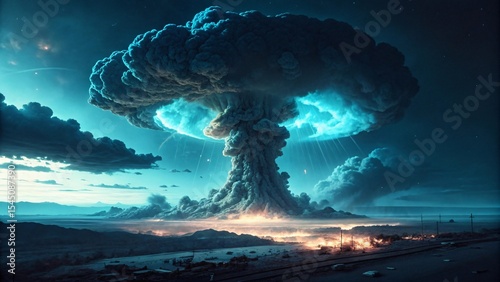 Nuclear Explosion Over City with Massive Fireball and Destruction