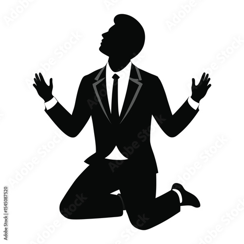 Silhouette of a businessman in a suit on his knees and begging with raised arms on white background
