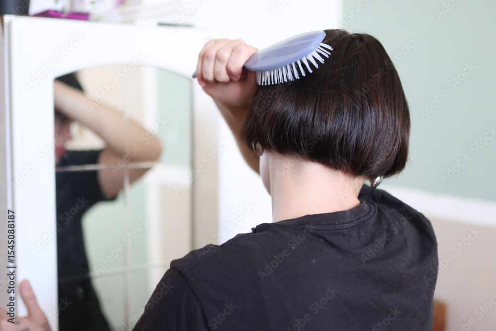 Fototapeta premium Woman brushing her bob haircut in front of mirror