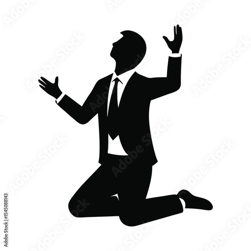 Silhouette of a businessman in a suit on his knees and begging with raised arms on white background