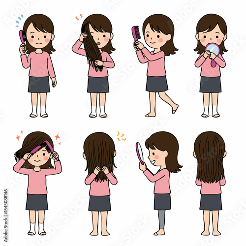 Hair Care Routine: A visual guide showcases a sequence of steps and actions, emphasizing hair brushing techniques and a holistic approach to self-care.