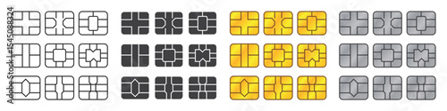 EMV chip set on isolated background. EMV chip icon gold, silver, linear, black for bank plastic credit or debit card