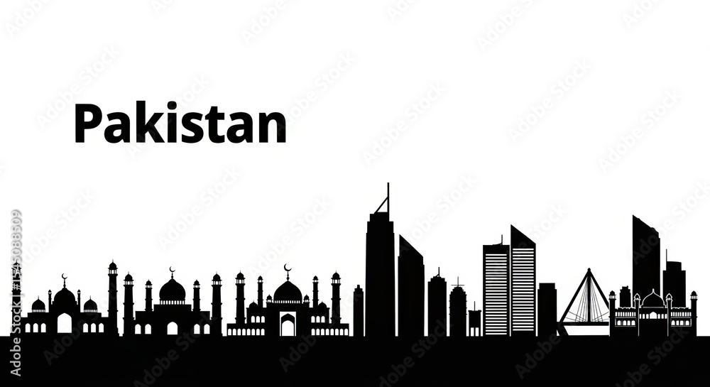 Naklejka premium Silhouette of pakistan skyline featuring mosques and modern buildings against a white background