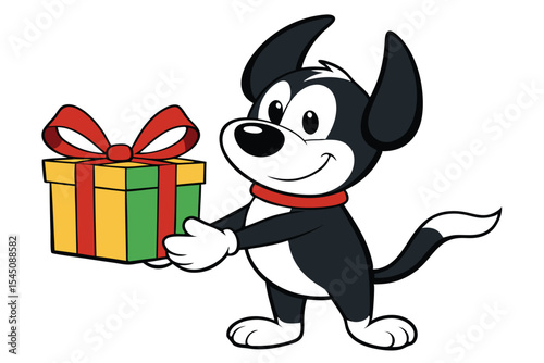 Cartoon dog with red collar cheerfully presents a colorful wrapped gift box to someone