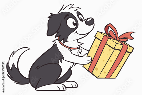 Animated border collie presents yellow gift with red ribbon and bow joyfully